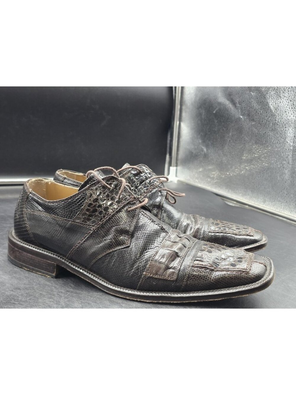 David Eden Vaughn Shoes Mens Size 8 Brown Crocodile Lizard Derby Dress Cap Toe